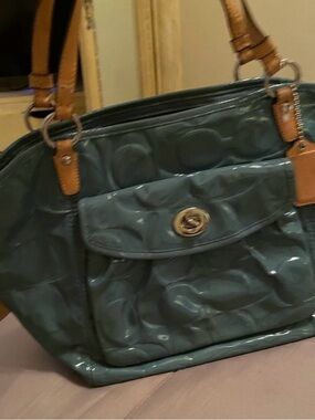 COACH Teal Patent Leather Tote with Tan Handles